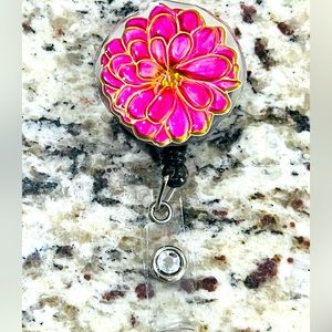 Pink and gold flower badge reel. Badge pull.